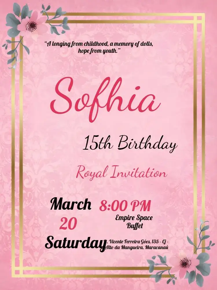 Invitation 15th Birthday Princess Flowers – Sweet 15 theme floral, elegant, romantic, modern, golden, pink