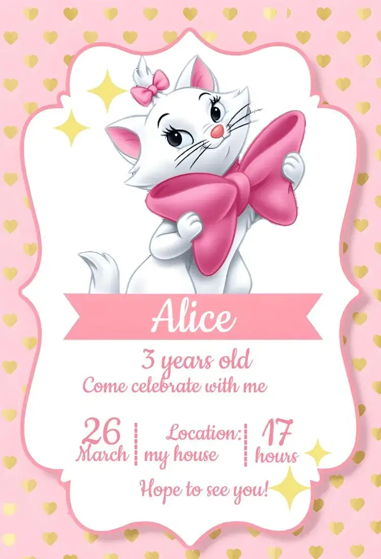 Invitation Marie Pink Kitten – Most searched for theme pink, golden, cute, childish, fun, animals