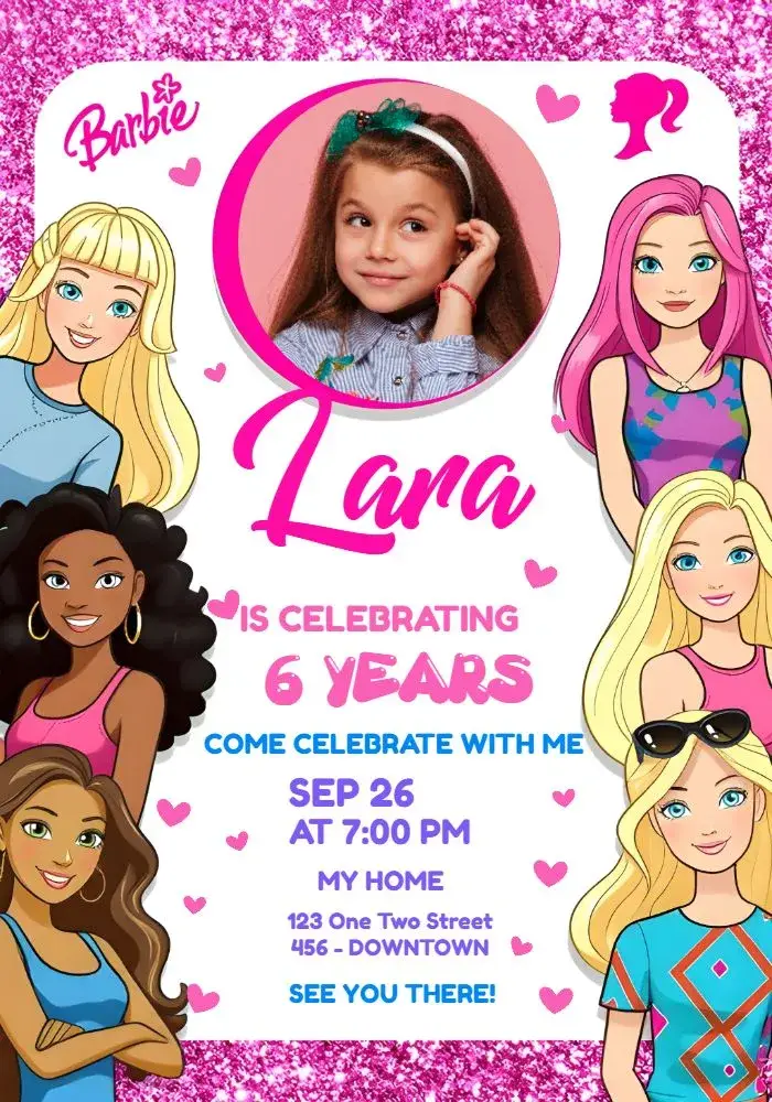Barbie Glitter With Girl Photo invitation