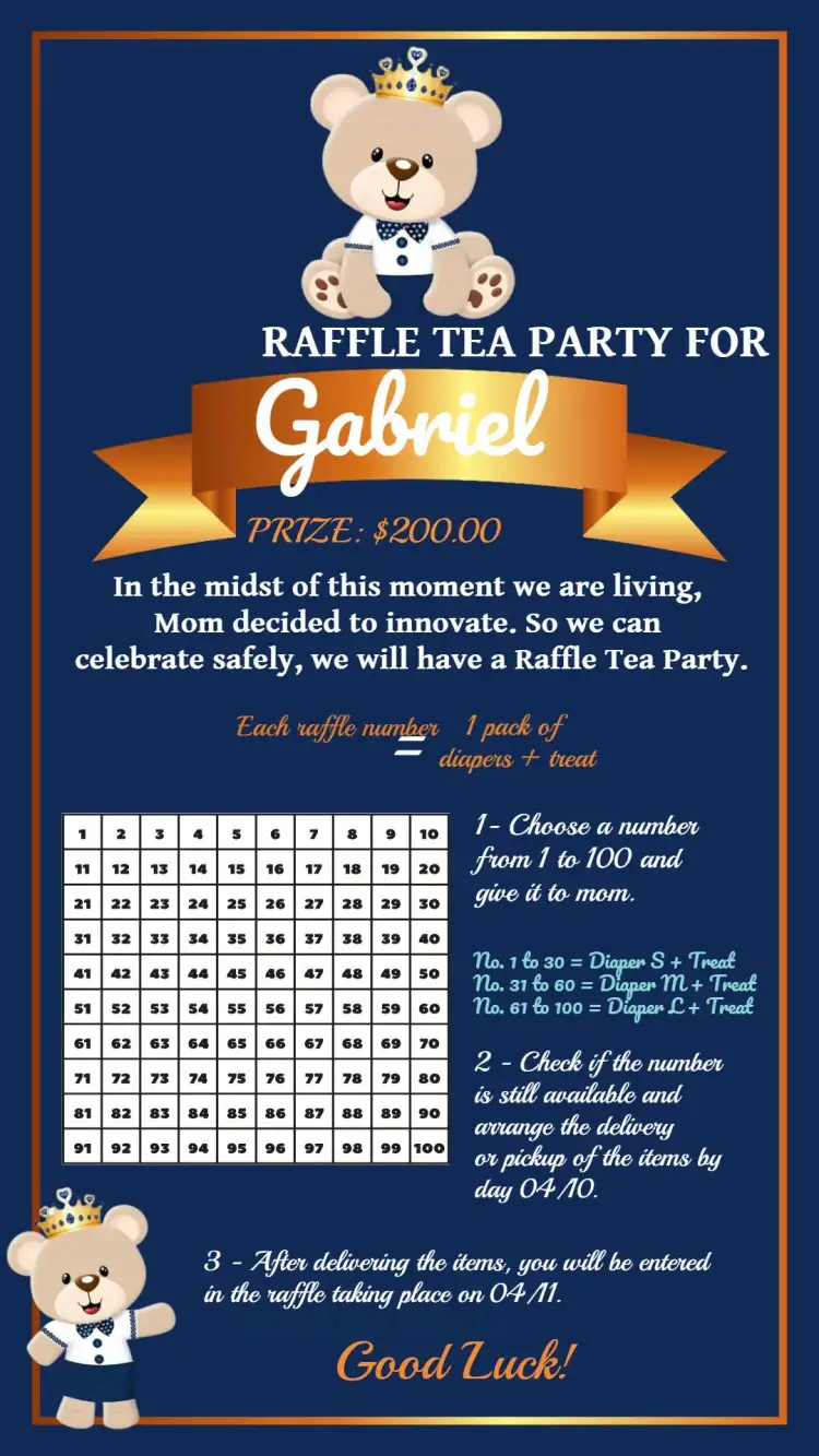 Invitation Prince Baby Bear Raffle Tea – Raffle Tea theme blue, golden, white, teddy bear, childish, elegant