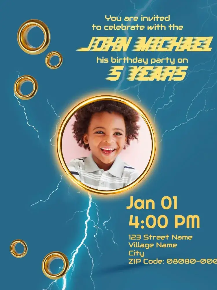 Invitation Infant Sonic And Lightning Games – Kids' Birthday Party theme modern style, vibrant colors, game graphics elements, adventure theme, fun design