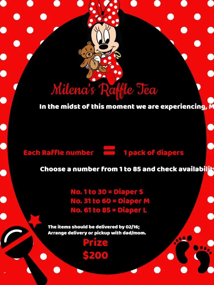 Invitation Minnie Mouse Diaper Raffle Tea – Raffle Tea theme red, black, white, children's, fun, themed