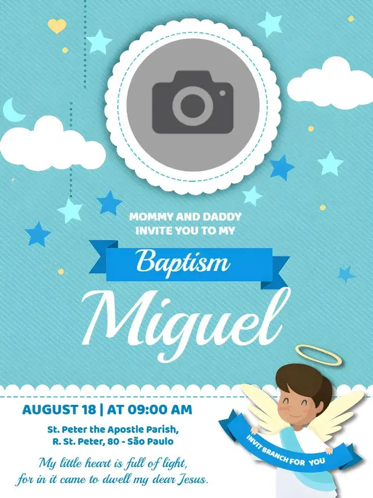 Invitation Baptism With Boy Photo – Baptism theme blue, angels, modern, delicate, childish