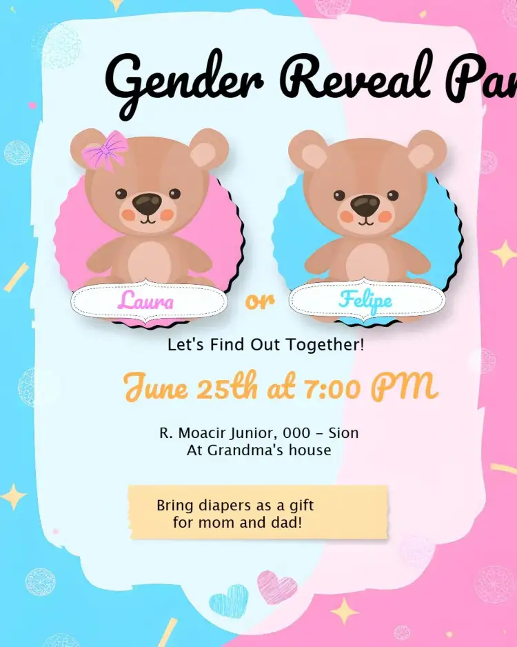 Invitation Teddy Bears Gender Reveal – Kids' Birthday Party theme bear, pink, fun, childish, playful, colorful