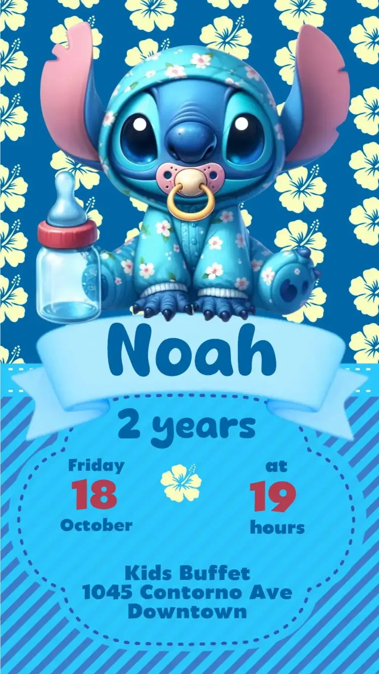 Invitation Stitch – Kids' Birthday Party theme colorful, playful, tropical, fun, childlike, animated characters