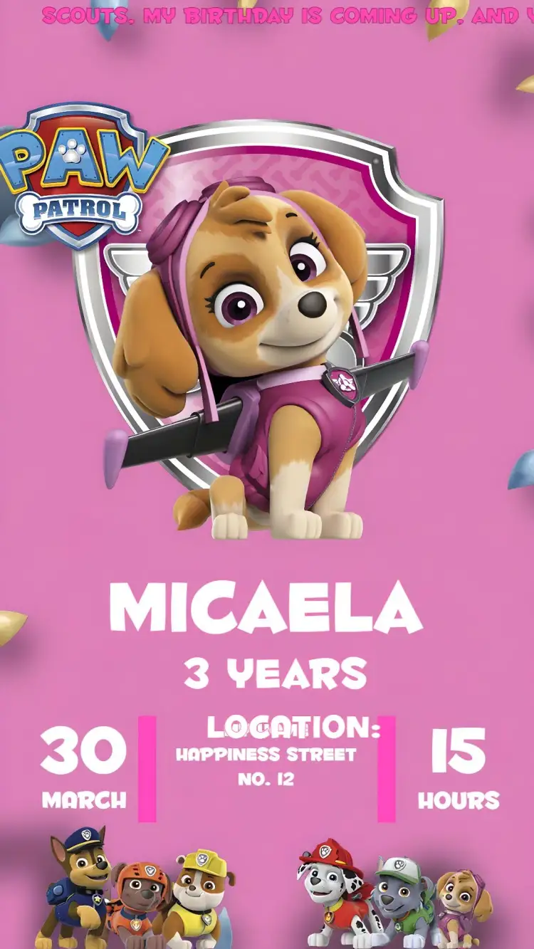 Invitation Skye Paw Patrol Dog – Most searched for theme pink, fun, childish, colorful, themed, modern
