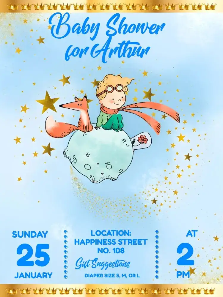 Invitation Yellow Little Prince Diaper Party – Diaper Shower theme yellow and blue, graphic elements of space, illustrations of The Little Prince, playful design, contemporary style, touches of orange color