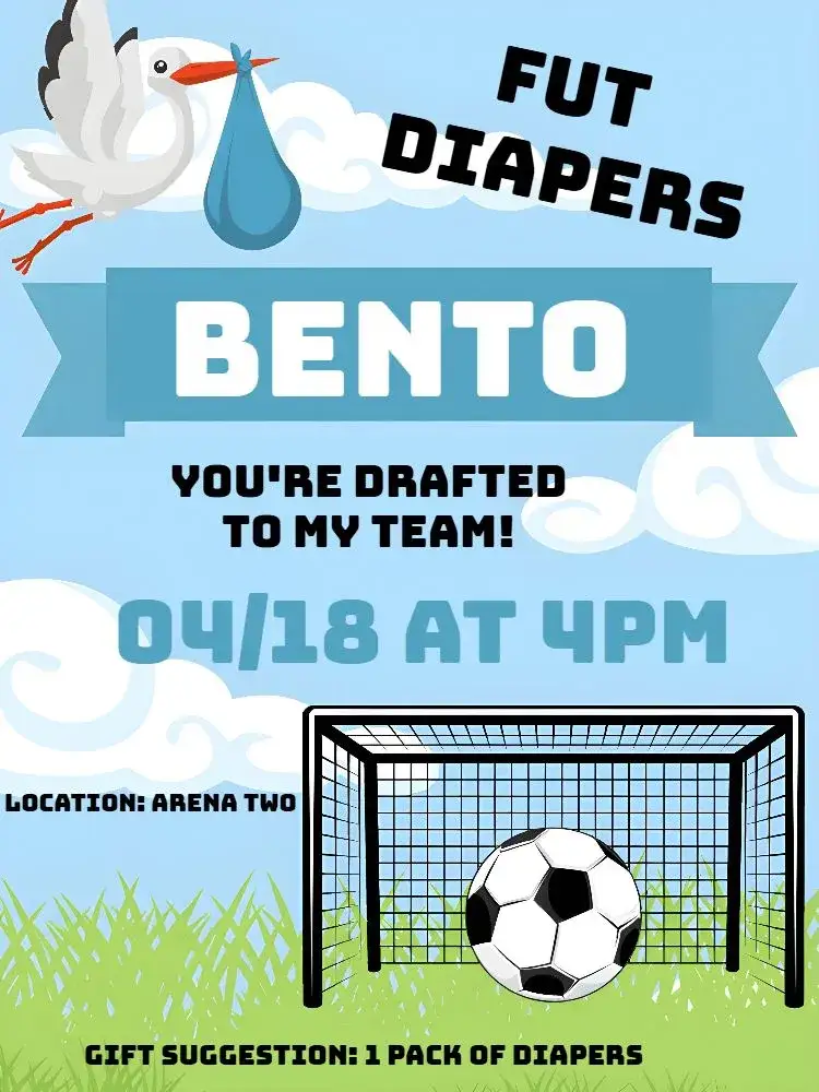 Invitation Fut Diapers Stork – Diaper Shower theme soccer, blue, modern, white, black, childish