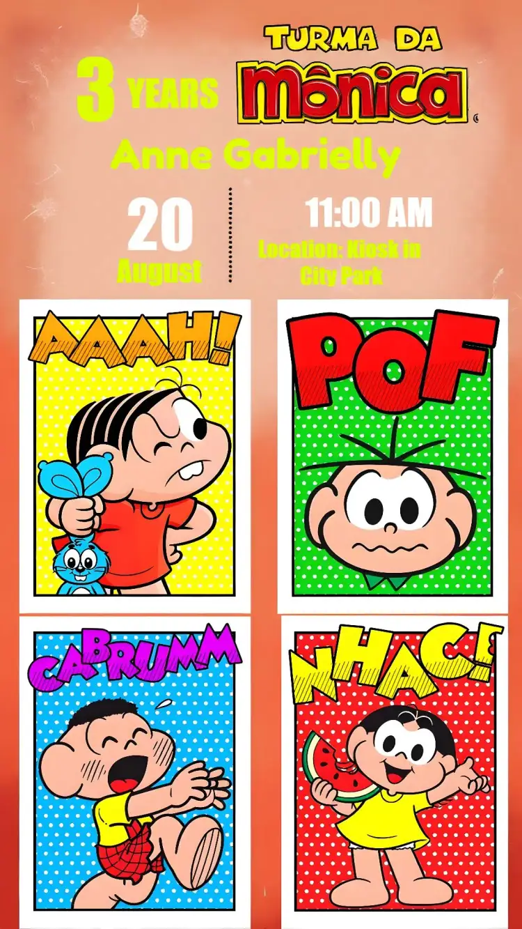 Invitation Turma Da Mônica Cebolinha – Kids' Birthday Party theme colorful, fun, childlike, illustrations, thematic, vibrant