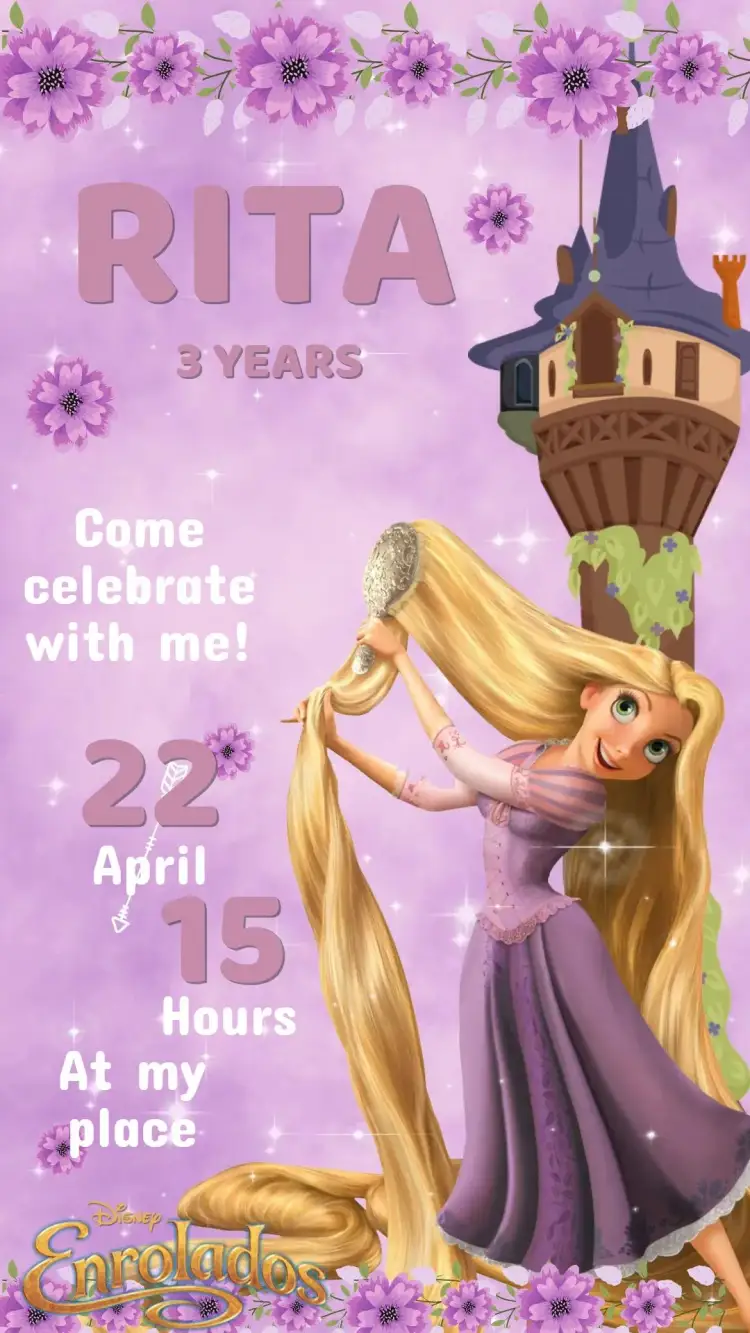 Invitation Rapunzel Tangled Invitation - Digital Children's Party – Kids' Birthday Party theme vibrant colors, fun style, fairy tale elements, charming illustrations, childlike design, colorful details