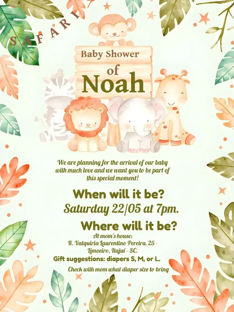 Invitation Safari Animals Diaper Shower – Diaper Shower theme safari, natural, colorful, fun, modern