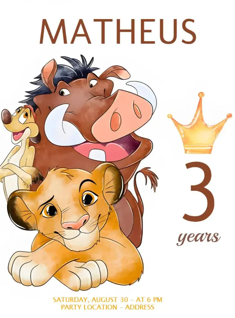 Invitation The Lion King Watercolor Disney – Kids' Birthday Party theme watercolor, colorful, themed, fun-filled, childlike, nature-themed