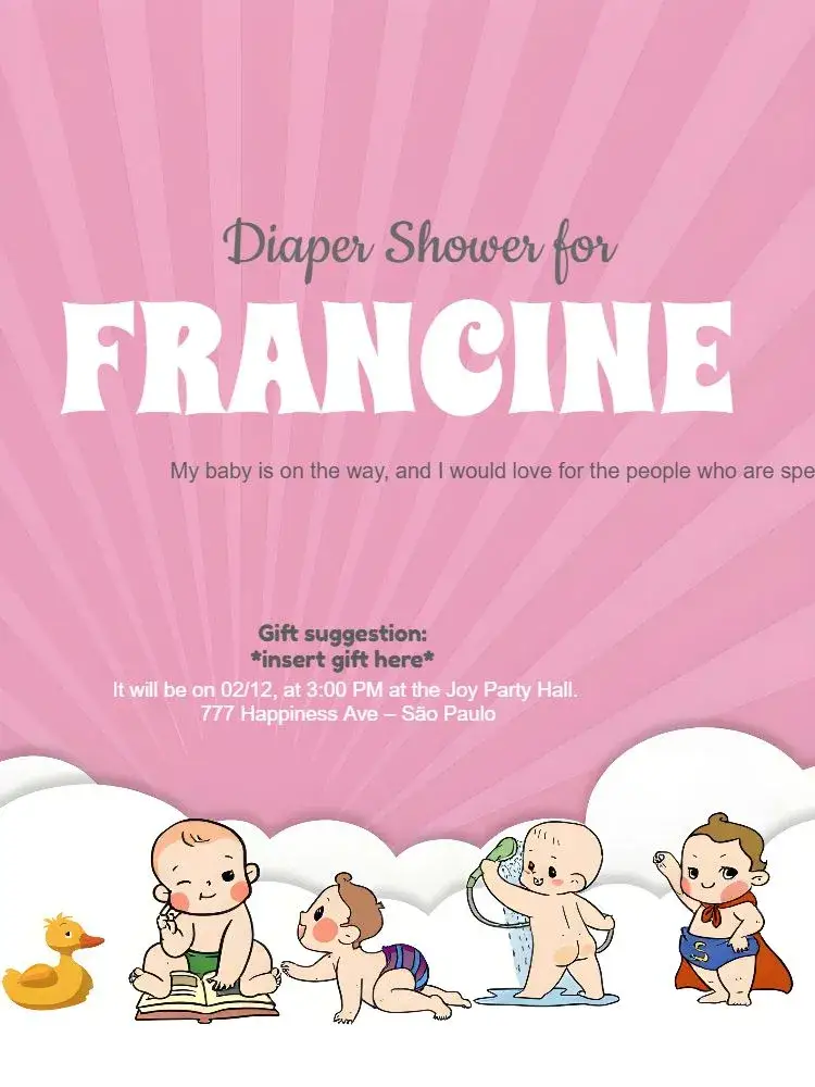 Invitation Baby Shower for Girls – Diaper Shower theme pink, delicate, childlike, clouds, heart, duckling