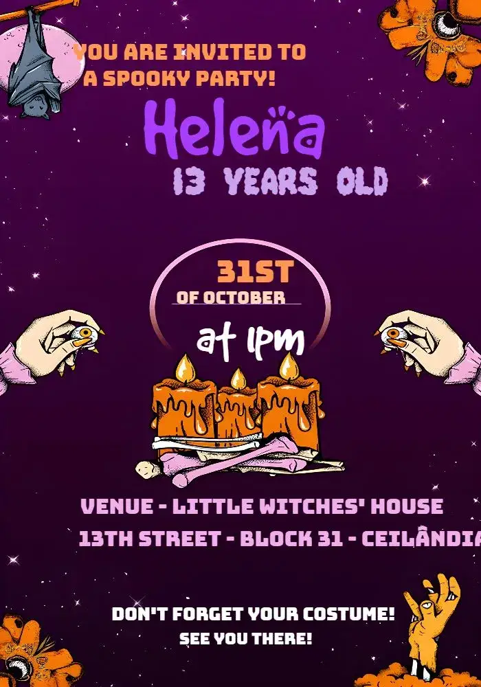 Invitation Halloween Day – Commemorative Dates theme lilac, purple, Halloween-themed, witch illustrations, fun style