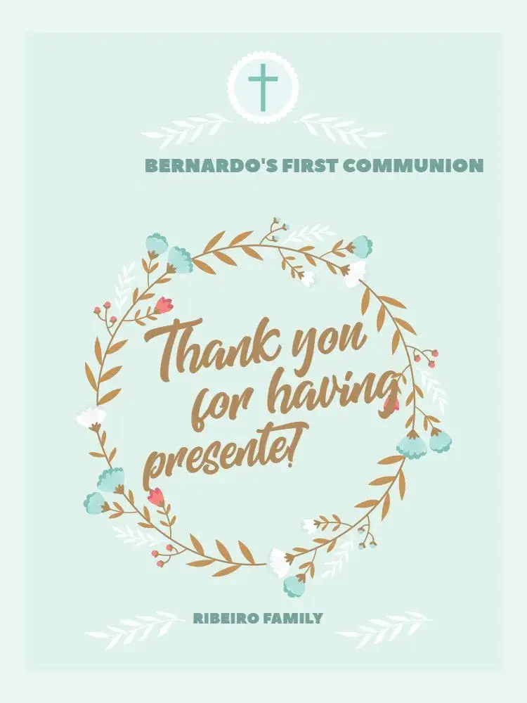 Invitation Thank You Card First Communion Green Meeting Attendance – Card theme green, floral, delicate, religious, modern