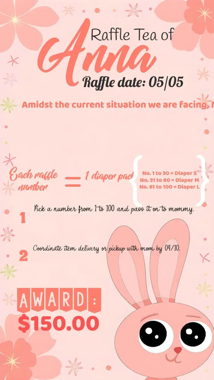 Invitation Pink Bunny Raffle Tea – Raffle Tea theme soft colors, playful style, animal graphic elements, pink background, black and white details, minimalist design