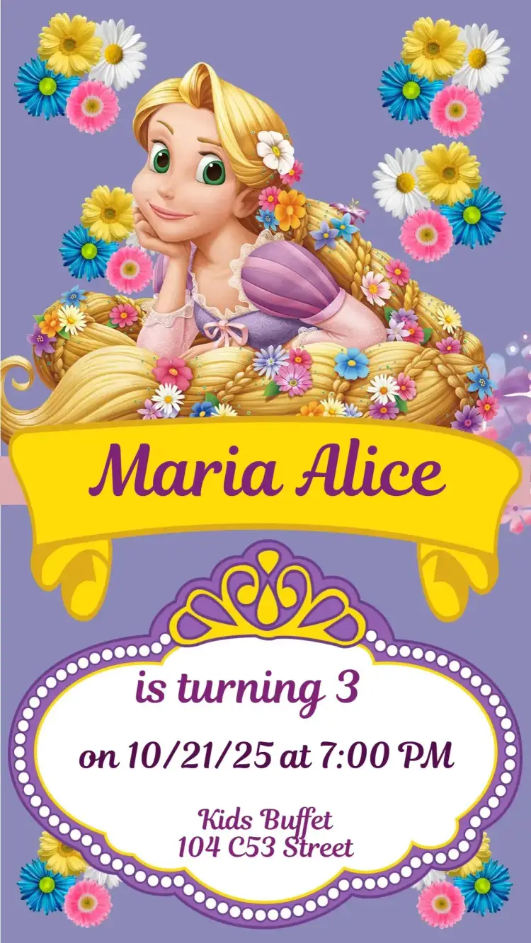 Invitation Rapunzel – Kids' Birthday Party theme vibrant colors, playful style, princess graphic elements, magical theme, childlike illustrations, enchanting details