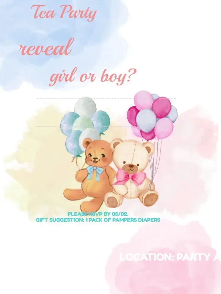 Invitation Teddy Bear Baby Shower Balloon Celebration – Raffle Tea theme pink and blue, teddy bear, colorful balloons, childish, fun, modern