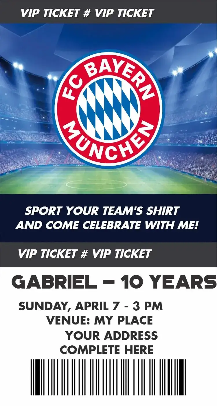 Invitation Bayern Munich ticket – Birthday theme red and white, soccer, modern, sporty, dynamic