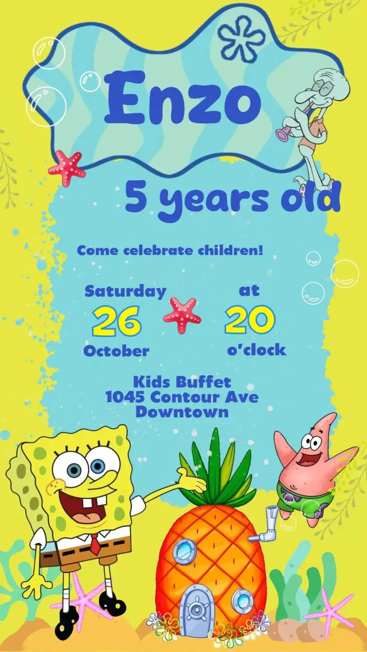 Invitation Bob Esponja – Kids' Birthday Party theme colorful, navy, fun, childish, playful