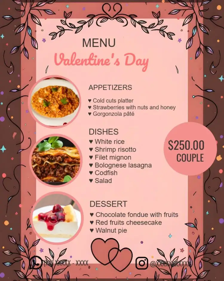 Invitation Valentine's Day Menu Artwork Post – Commemorative Dates theme romantic, gourmet, hearts, colorful, modern, cozy