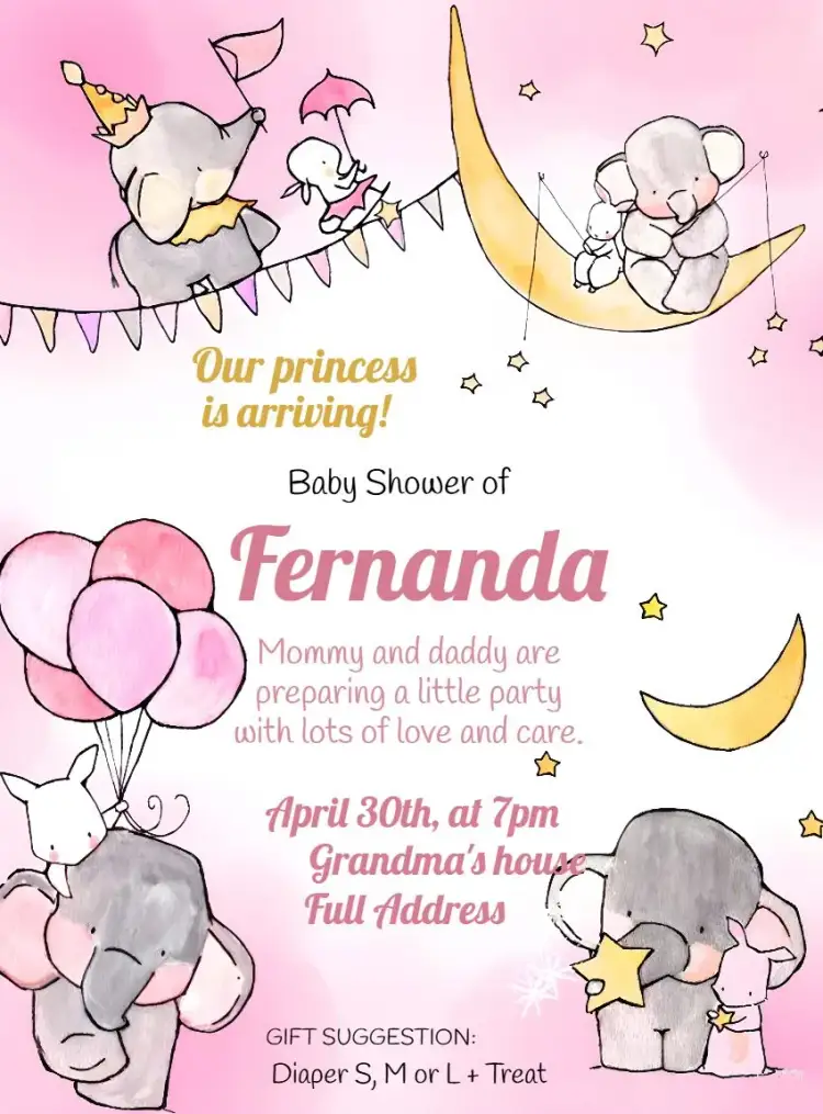 Invitation Elephant Pink Girl Baby Shower – Diaper Shower theme delicate, watercolor, pink, childish, animal, modern
