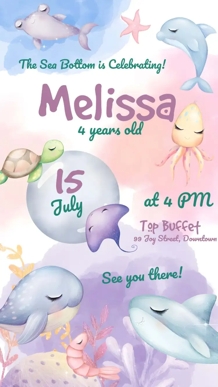 Invitation Under the Sea Girl's Kids Party – Kids' Birthday Party theme water-themed, lilac-colored, watercolor-inspired, fun-filled, colorful, child-friendly