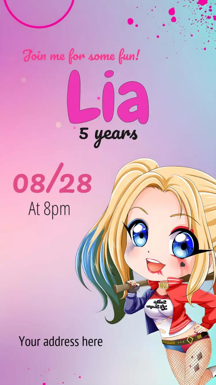 Invitation Harley Quinn – Kids' Birthday Party theme colorful, fun, themed, modern, pink, youthful