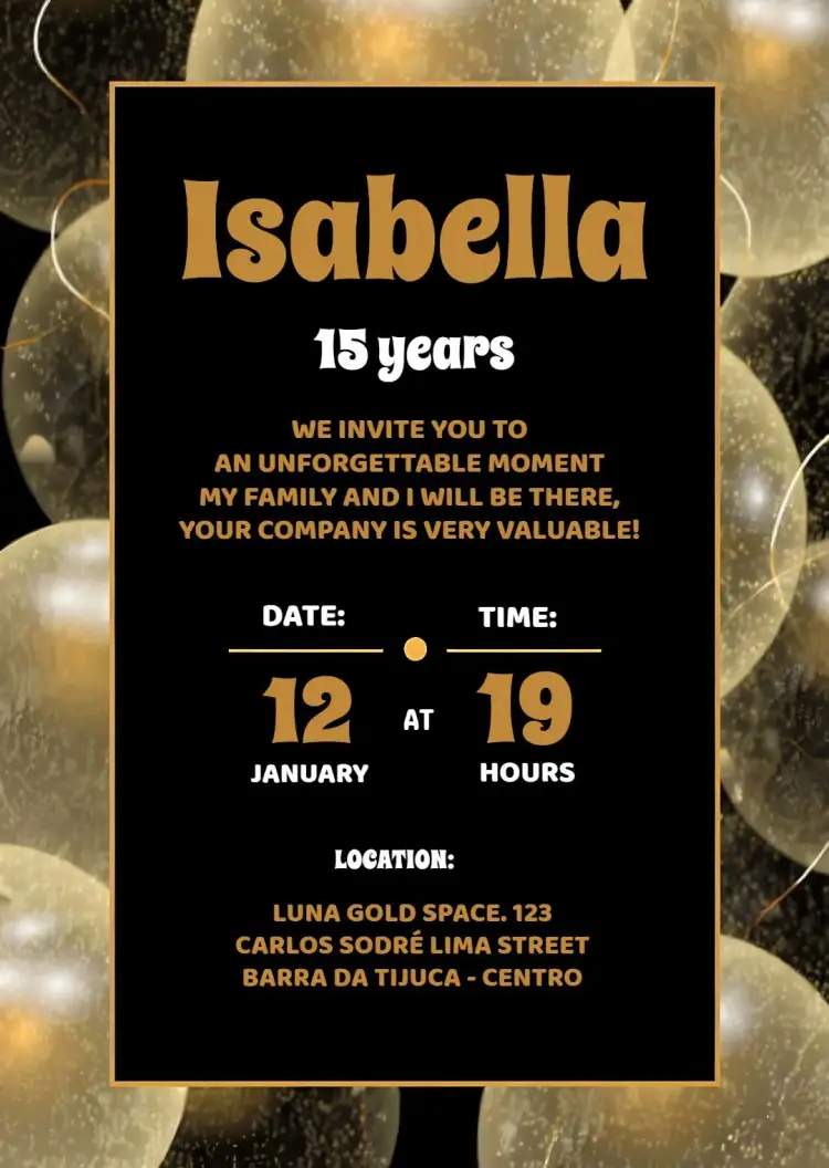 Invitation Golden Debutante Dourados – Birthday theme golden, minimalist, luxurious, modern, elegant, festive