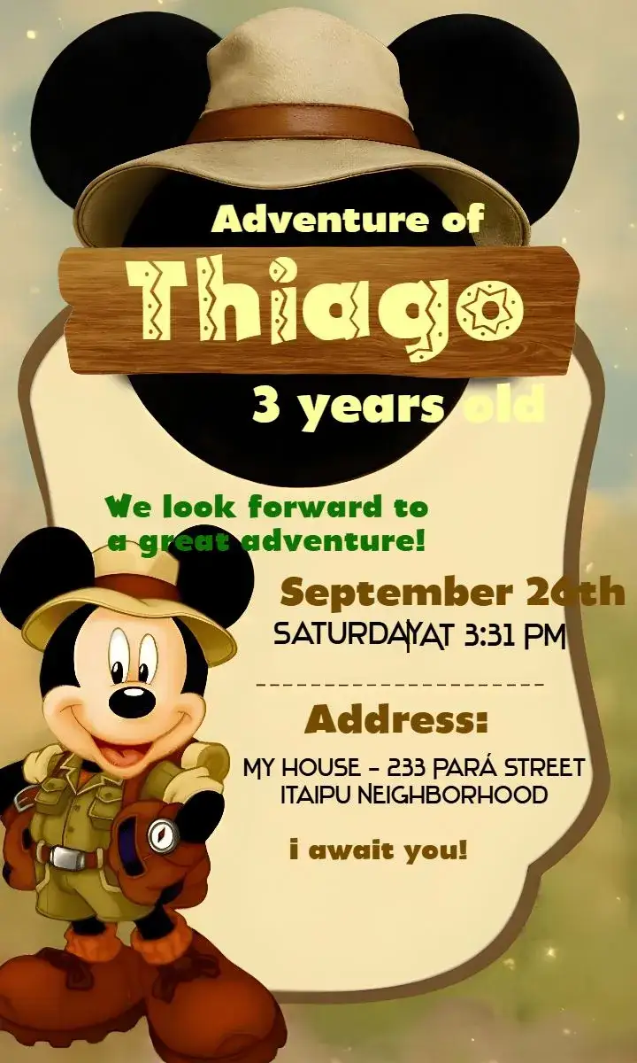 Invitation Brown Mickey Safari – Most searched for theme safari, children's, colorful, fun-filled, animal