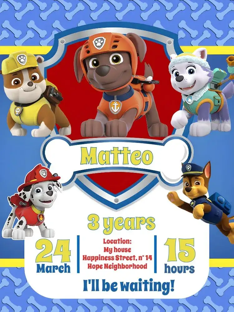 Invitation Paw Patrol Dog – Kids' Birthday Party theme vibrant colors, fun style, dog graphic elements, blue background, childish theme, colorful illustrations