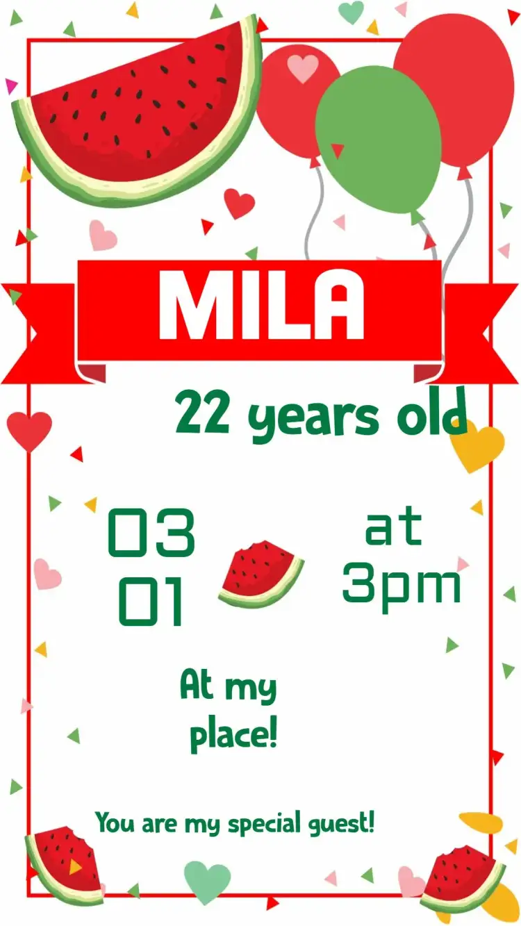 Invitation Watermelon – Birthday theme tropical, colorful, fun, modern, fruity, casual