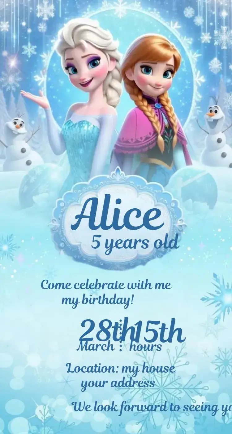 Invitation Frozen 1 – Birthday theme light blue, snow elements, character illustrations, playful style, charming design, soft colors