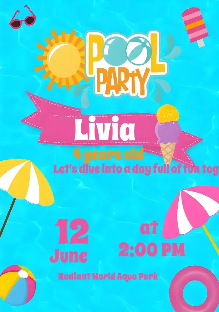 Invitation Beach Pool Party – Most searched for theme colorful, tropical, fun, navy, summery
