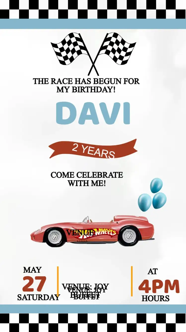 Invitation Hotwheels Birthday Invitation – Kids' Birthday Party theme vibrant colors, modern style, racing graphic elements, dynamic design, adventurous theme