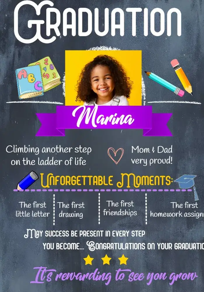 Invitation Graduation for Girl with Photo – Graduation theme chalkboard, modern, colorful, fun, childlike
