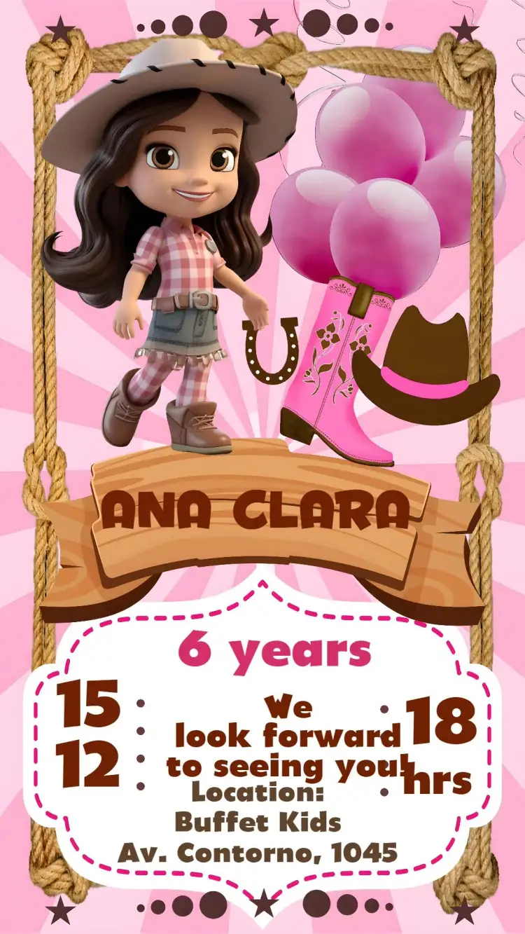 Invitation Cowgirl – Birthday theme pink, fun, festive, colorful, modern