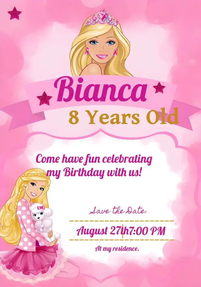 Invitation Barbie White – Most searched for theme pink, golden, white, modern, fun, childish
