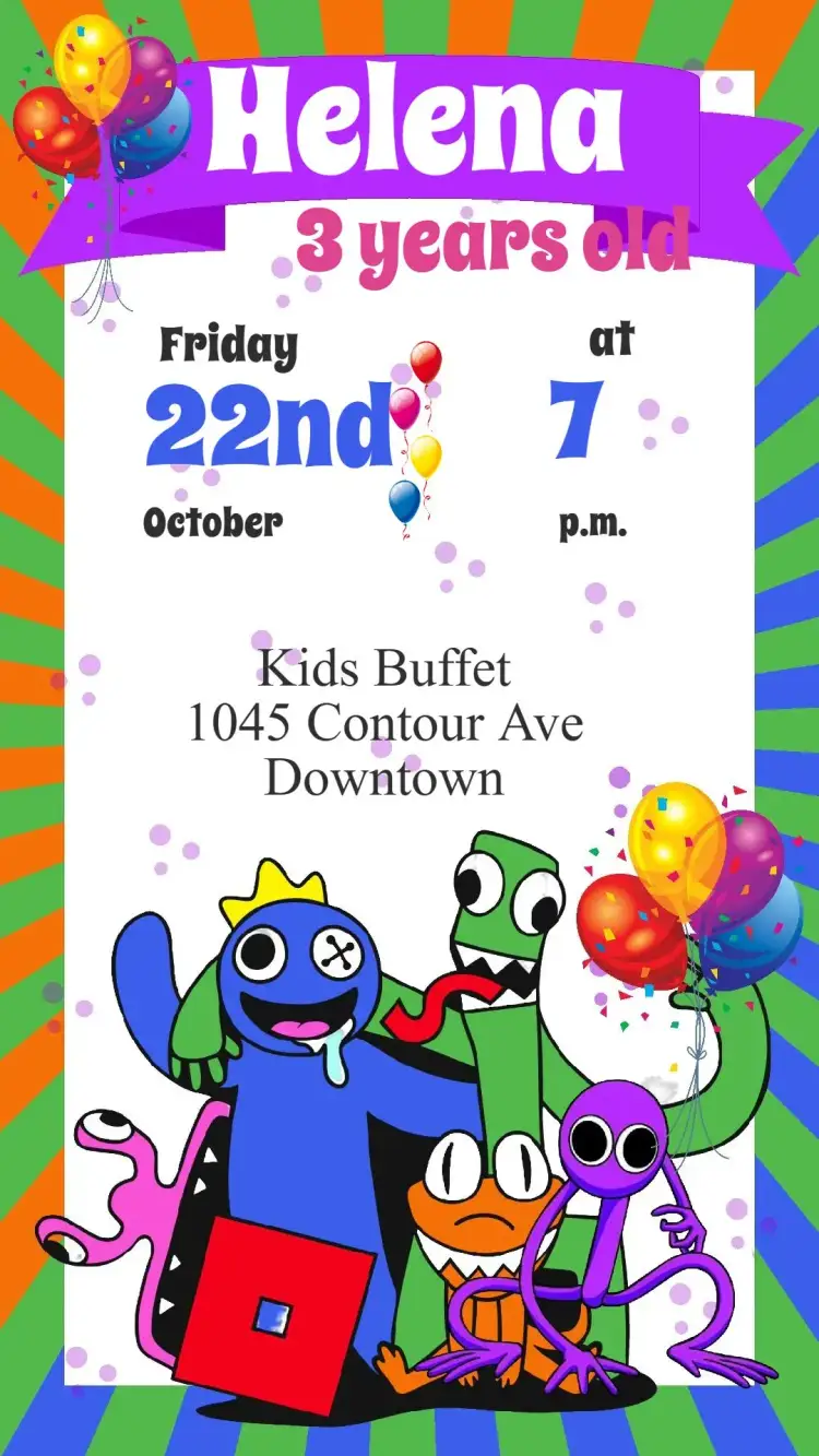 Invitation Rainbow Friends – Birthday theme rainbow-themed, colorful, fun-filled, childlike, friends, playful illustrations