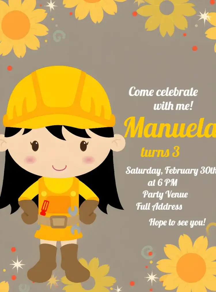 Invitation Construction Work – Raffle Tea theme vibrant colors, modern style, graphic elements of construction, fun design, inspired by artworks, playful details