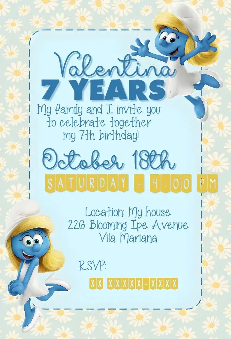 Invitation Smurfs – Kids' Birthday Party theme vibrant blue, colorful flowers, playful illustrations, cartoon style, fantasy elements, fun aesthetic