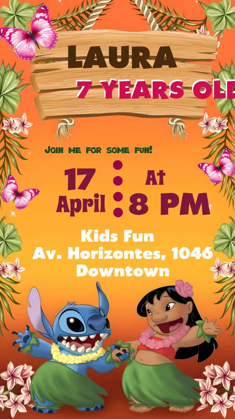 Invitation Lilo And Stitch Kids – Most searched for theme colorful, hawaiian, tropical, fun, children's illustration, modern