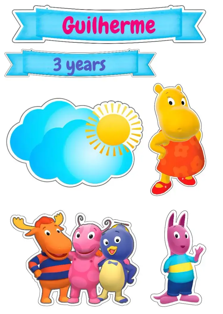 Invitation Backyardigans Kids Cake Topper – Cake topper theme animated characters, cartoon animals, sun and clouds