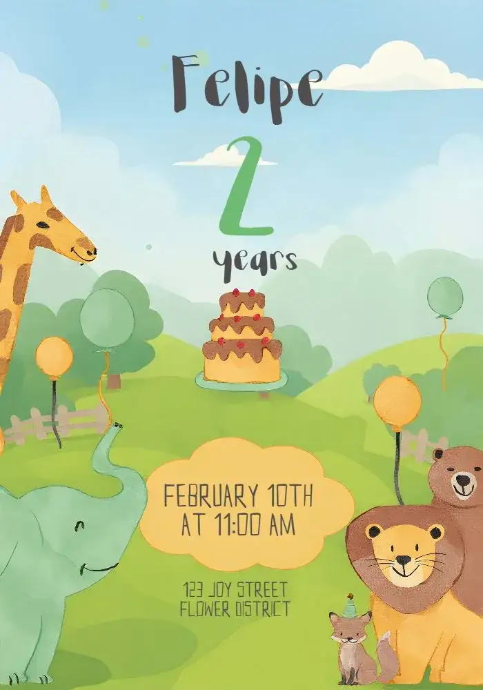 Invitation Elephant Safari – Kids' Birthday Party theme colorful, fun, jungle animals, tropical, childlike, playful illustrations
