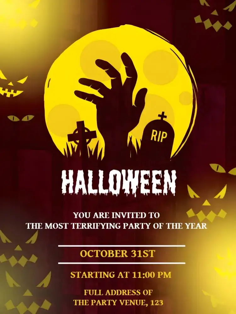 Invitation Halloween Witches – Commemorative Dates theme yellow, mysterious, fantasy, gothic, witches illustration, cemetery elements