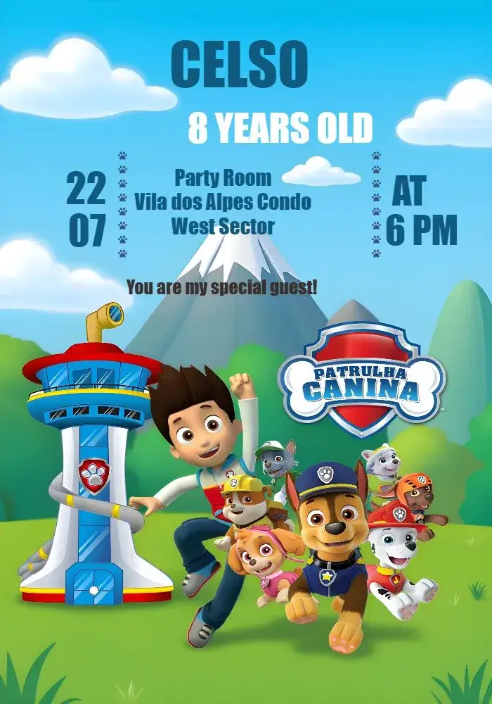 Invitation Paw Patrol Logo – Kids' Birthday Party theme colorful, fun-filled, themed, child-friendly, lively