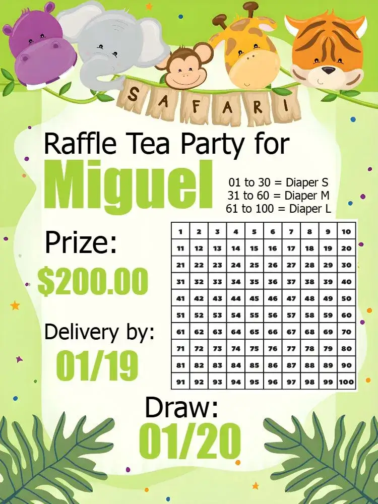 Invitation Safari Baby Shower Raffle Tea – Raffle Tea theme safari, jungle animals, vibrant green, fun-filled, colorful, tropical