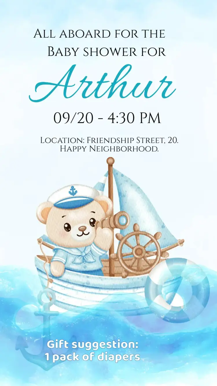 Invitation Digital Baby Shower/Diapers Sailor Teddy Bear Invitation – Diaper Shower theme sailor, blue and white, cute, childlike, nautical, fun
