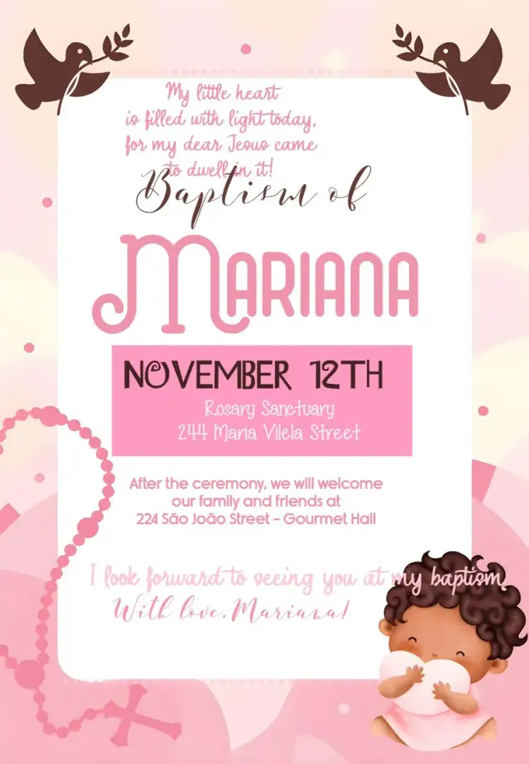 Invitation Pink Baptism – First Communion theme soft pink, angels, minimalist, floral, modern