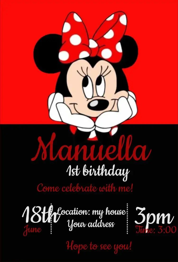 Invitation Red and Black Minnie Invitation – Kids' Birthday Party theme red, black, fun, themed, childlike, colorful